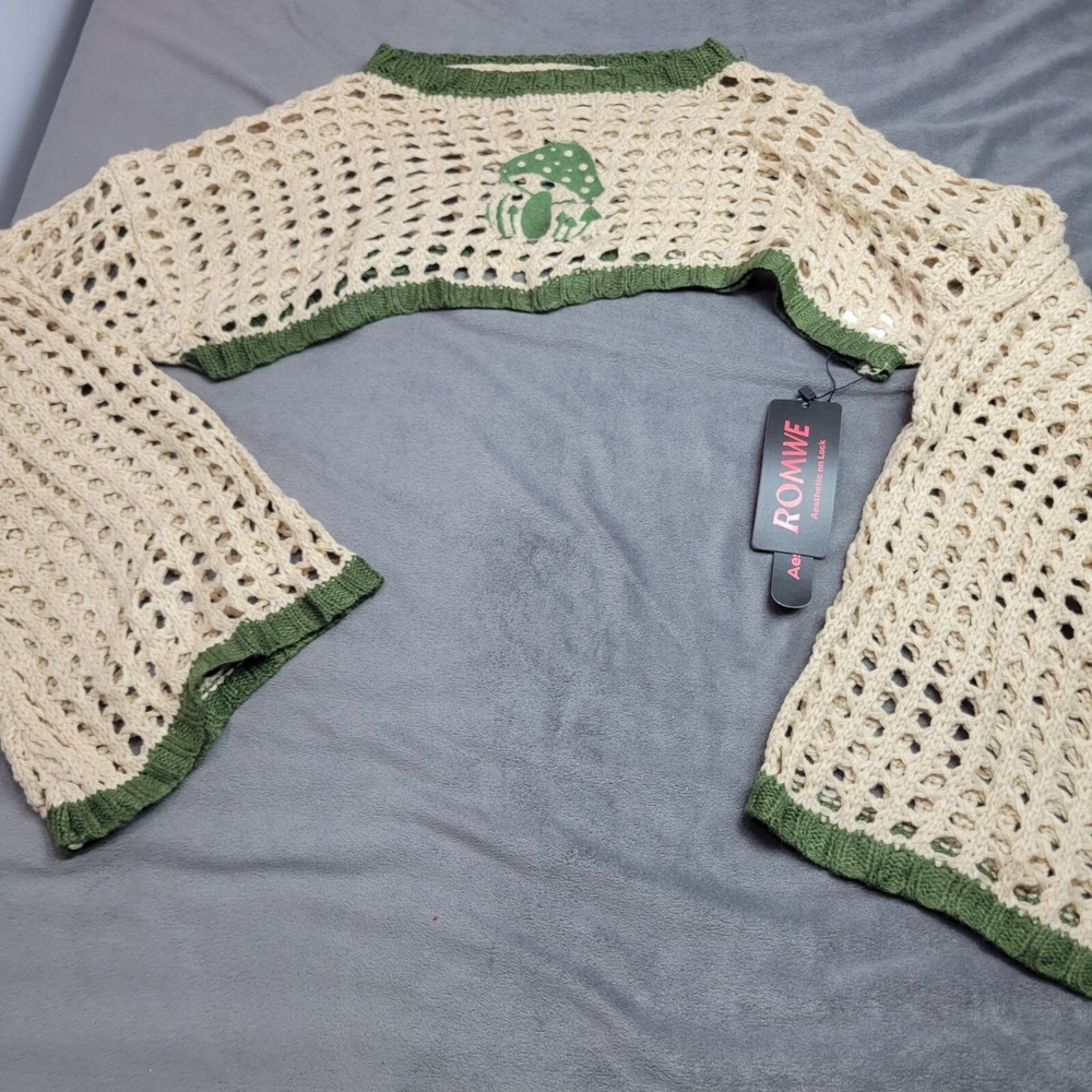Crochet Open Knit Bolero Shrug With Green Mushroom Design Medium ROMWE 100%...